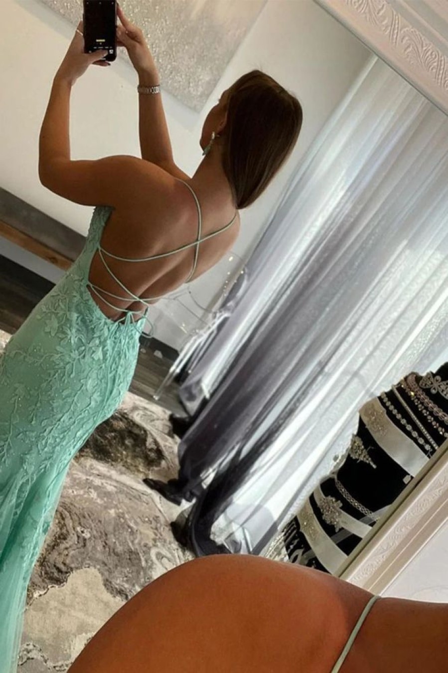 Homrain Spaghetti Straps Appliques Mermaid Long Prom Dress | Green Prom Dresses