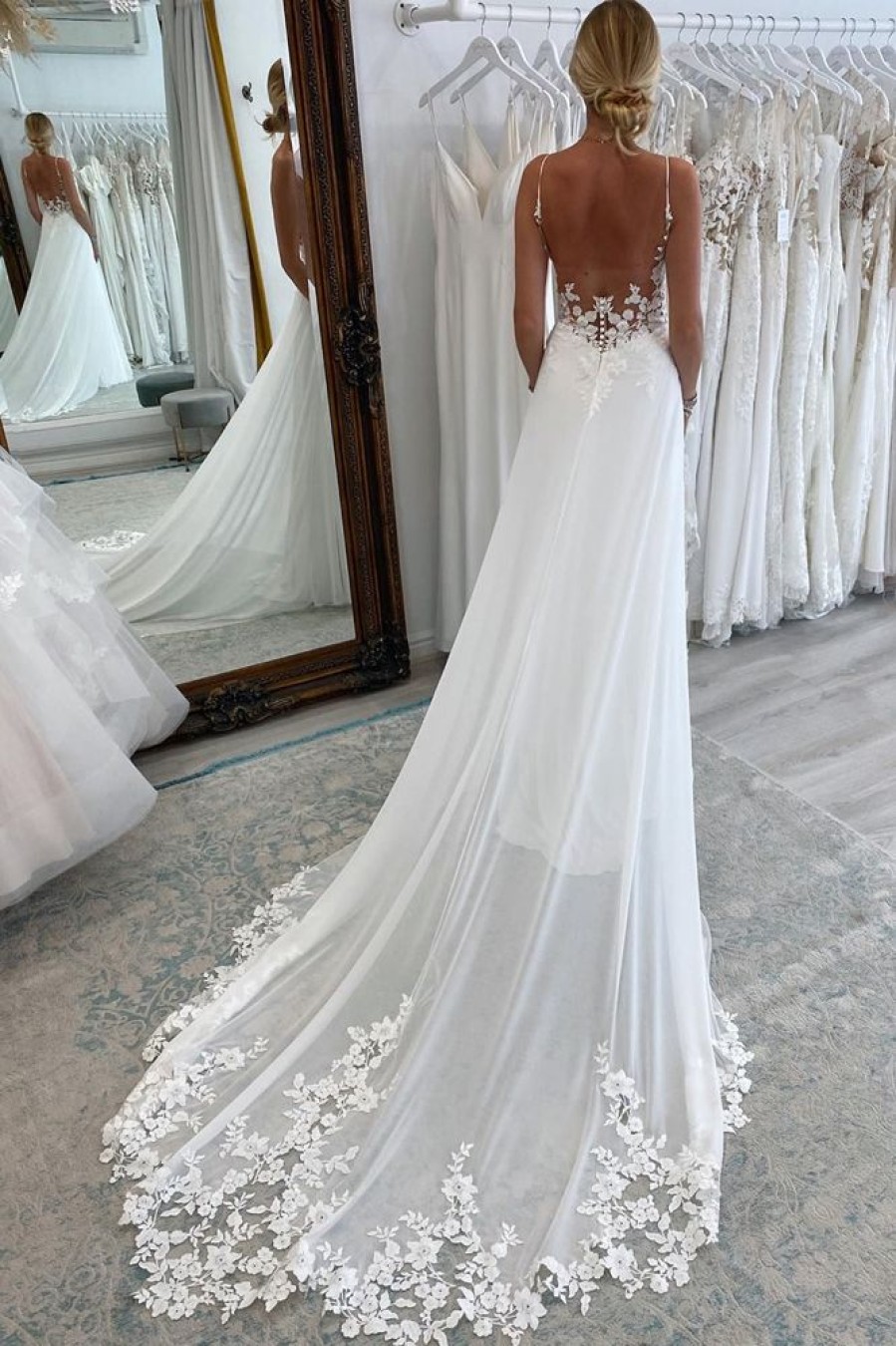 Homrain Long Chiffon Boho A-Line Wedding Dress With Lace | Beach Wedding Dresses