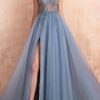 Homrain Spaghetti Straps Blue Long Prom Dress With Slit | Blue Prom Dresses