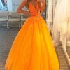 Homrain A Line V Neck Prom Dress With Appliques | Orange Prom Dresses