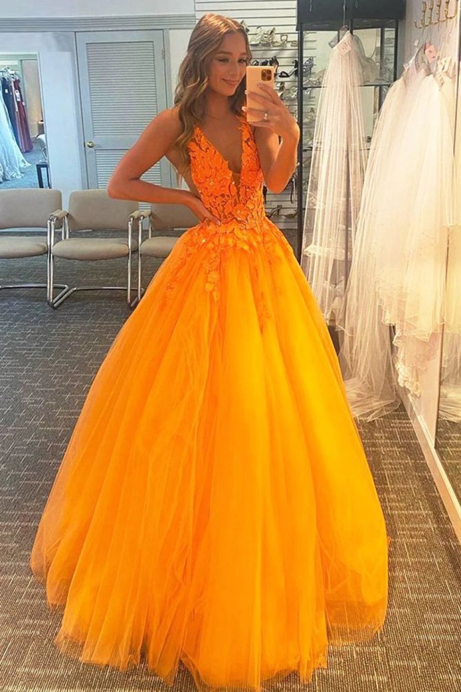 Homrain A Line V Neck Prom Dress With Appliques | Orange Prom Dresses