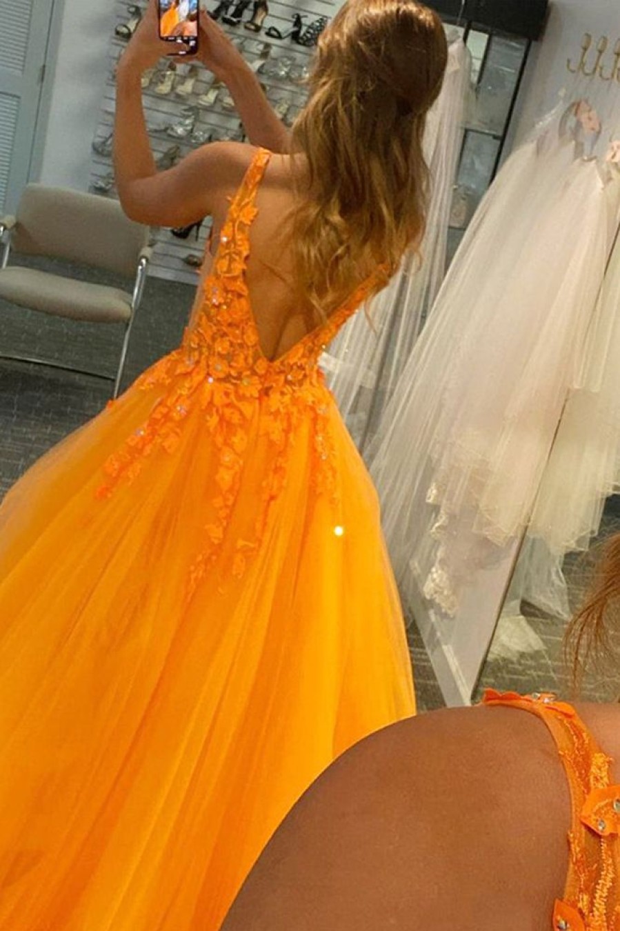 Homrain A Line V Neck Prom Dress With Appliques | Orange Prom Dresses