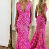 Homrain Deep V Neck Sequin Mermaid Prom Dress | Hot Pink Prom Dresses