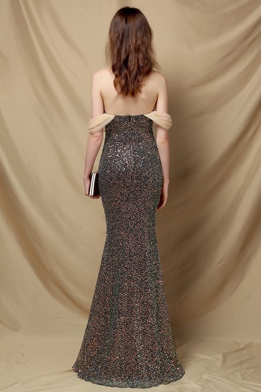 Homrain Off Shoulder Sequins Mermaid Prom Dress | Gold Prom Dresses