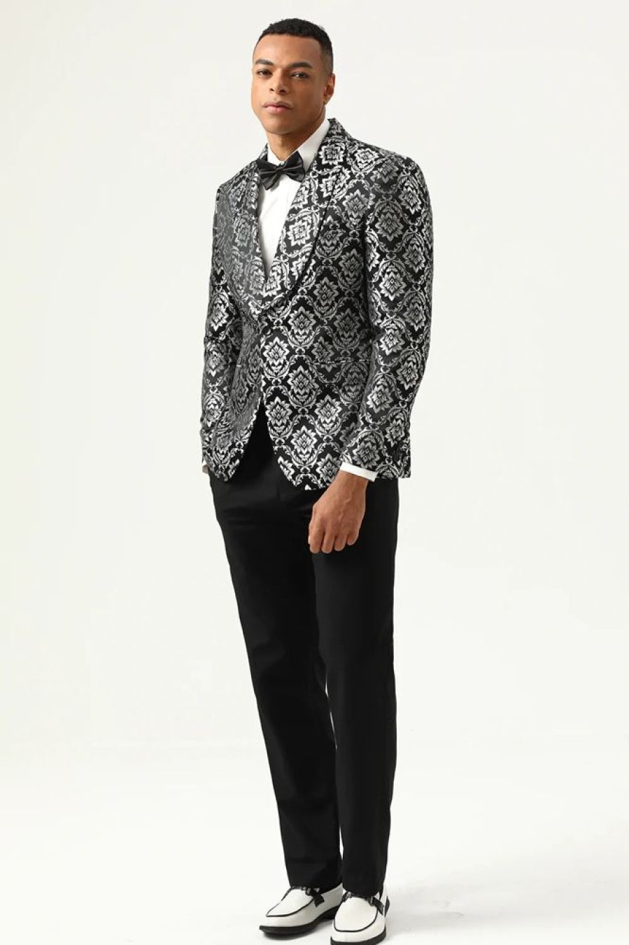 Homrain Black And Silver Jacquard Men'S Prom Blazer | Men Blazers