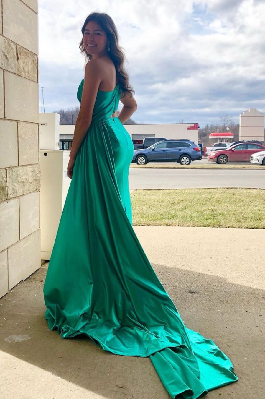 Homrain One Shoulder Cut Out Long Prom Dress With Slit | Green Prom Dresses