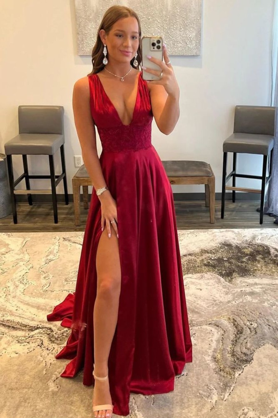 Homrain V Neck Backless Long Prom Dress With Lace | Red Prom Dresses