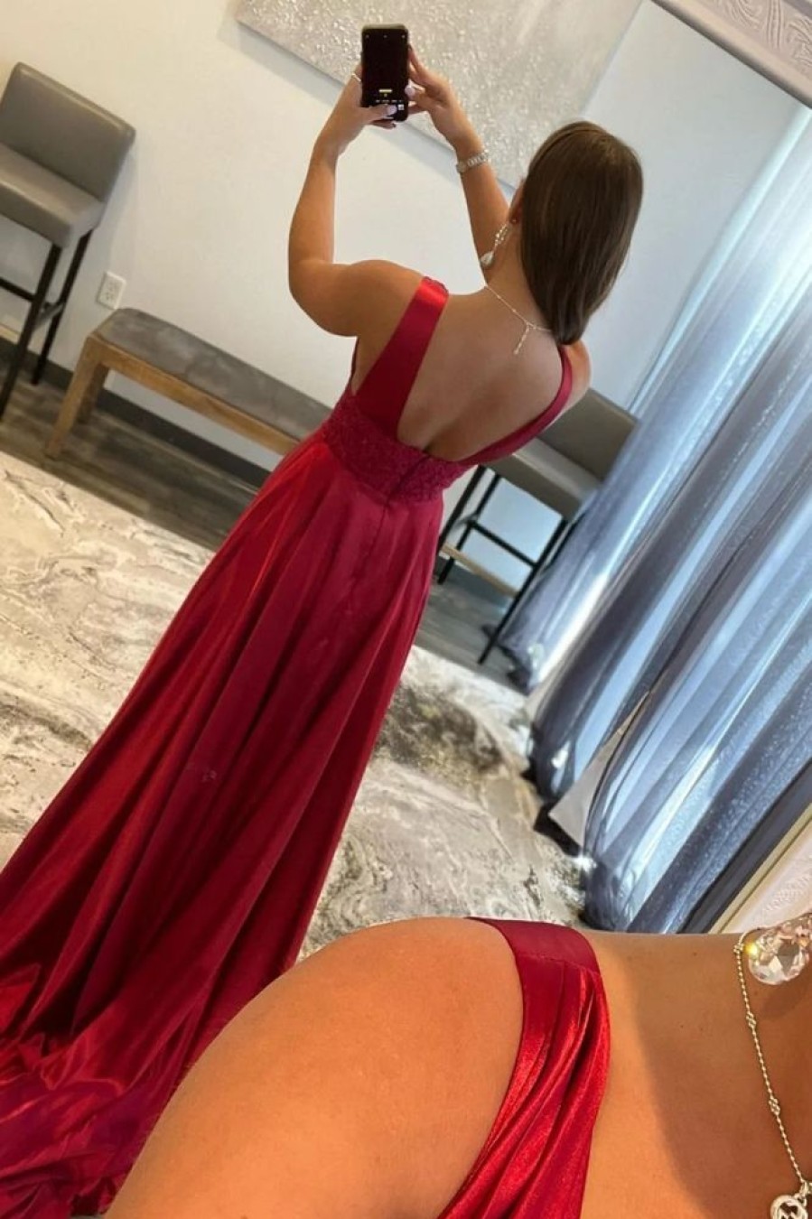 Homrain V Neck Backless Long Prom Dress With Lace | Red Prom Dresses