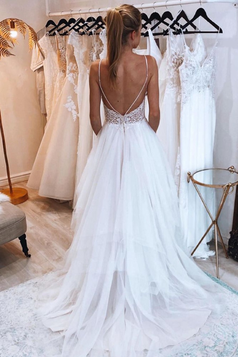 Homrain A-Line Backless Asymmetrical Tulle Long Wedding Dress With Lace | Lace Wedding Dresses