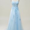 Homrain A Line One Shoulder Long Prom Dress With Appliques | Blue Prom Dresses