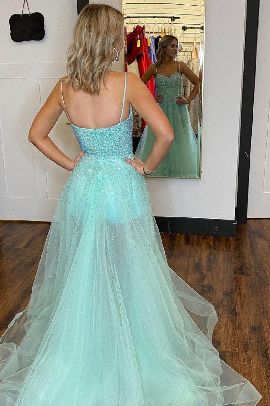 Homrain Sequined Spaghetti Straps A-Line Prom Dress | Green Prom Dresses