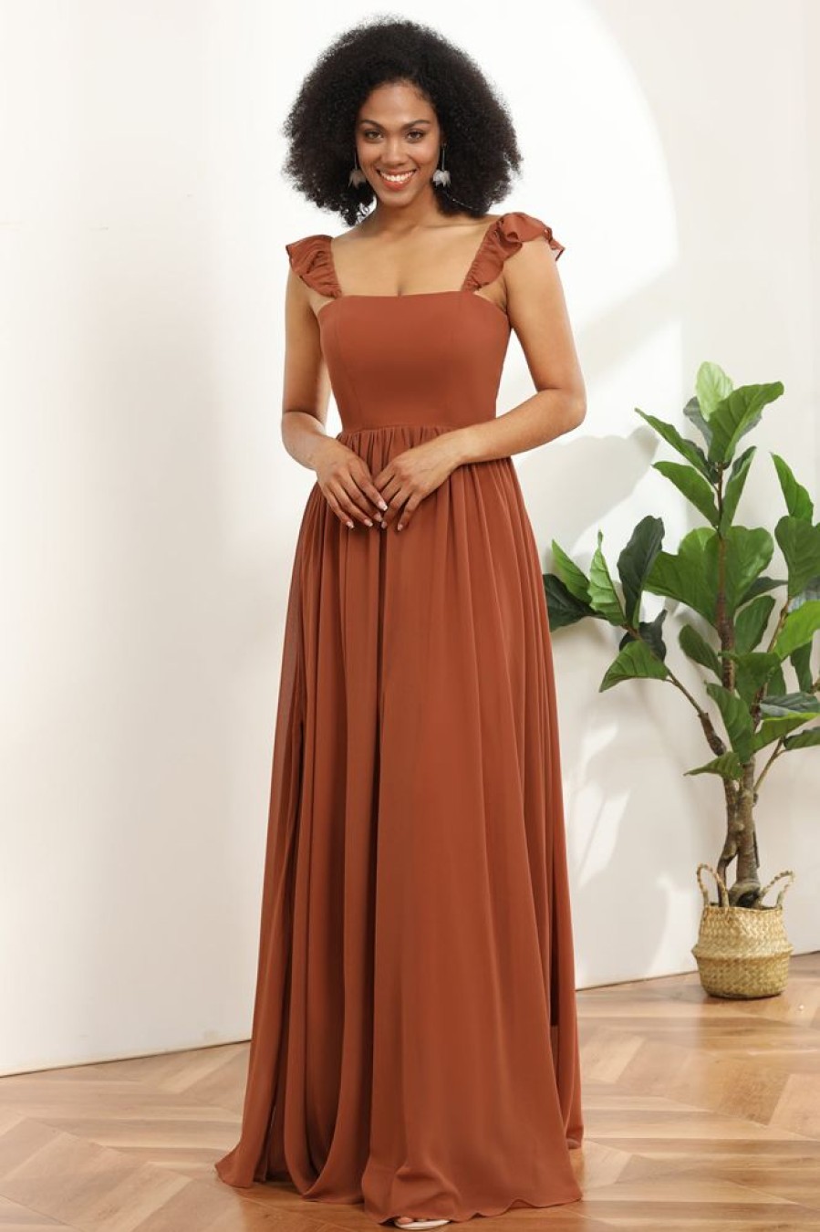 Homrain Chiffon A-Line Floor Length Bridesmaid Dress With Ruffles | Burnt Orange Bridesmaid Dress