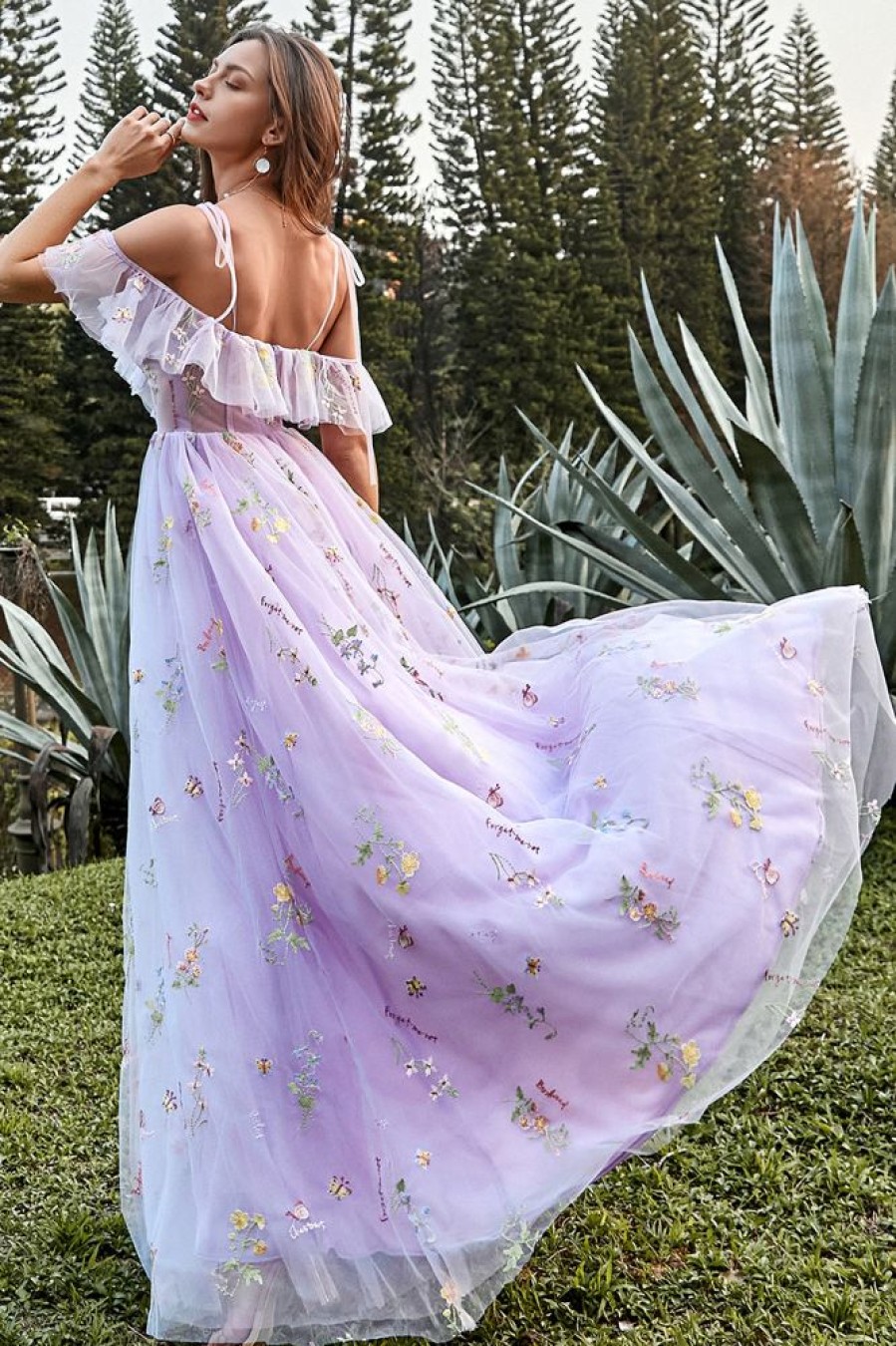 Homrain Purple Embroidery Long Prom Dress With Ruffles | Purple Prom Dresses