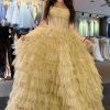 Homrain Glitter Strapless A-Line Tulle Long Ruffled Prom Dress | Gold Prom Dresses