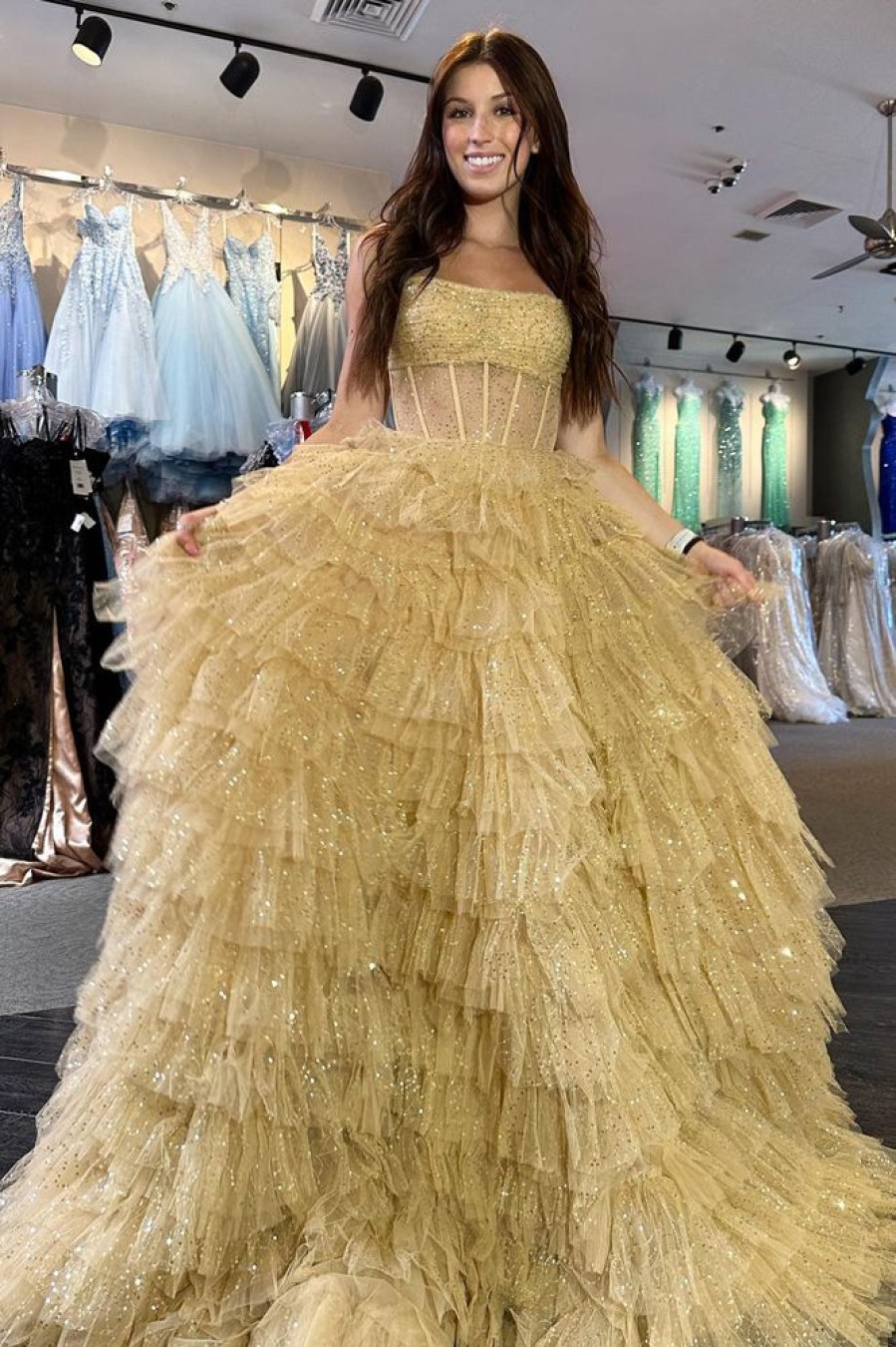 Homrain Glitter Strapless A-Line Tulle Long Ruffled Prom Dress | Gold Prom Dresses