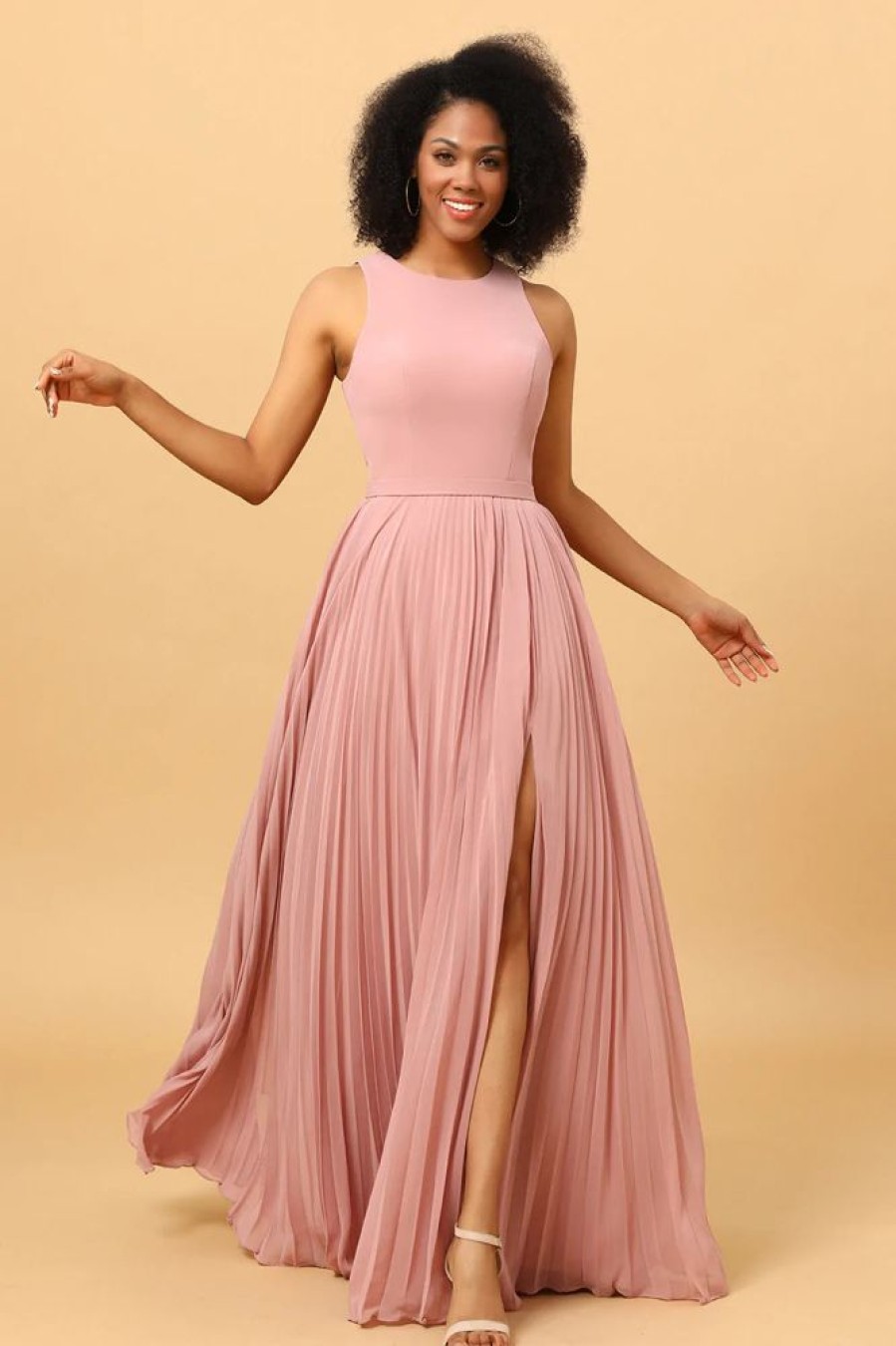 Homrain Blush Long Chiffon Pleated Bridesmaid Dress With Slit | Boho Bridesmaid Dresses