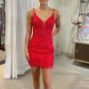 Homrain Glitter Lace Spaghetti Straps Tight Short Homecoming Dress | Red Hoco Dresses