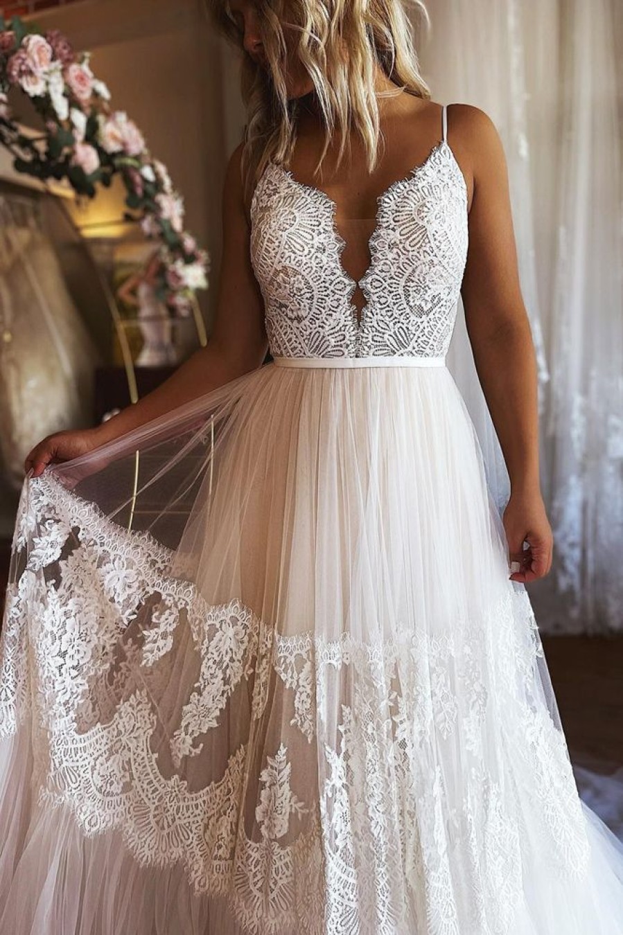 Homrain Boho A-Line Long Tulle Wedding Dress With Lace | Lace Wedding Dresses