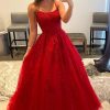 Homrain Spaghetti Straps Long Prom Dress With Appliques | Red Prom Dresses