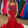 Homrain Spaghetti Straps Mermaid Beading Prom Dress | Red Prom Dresses