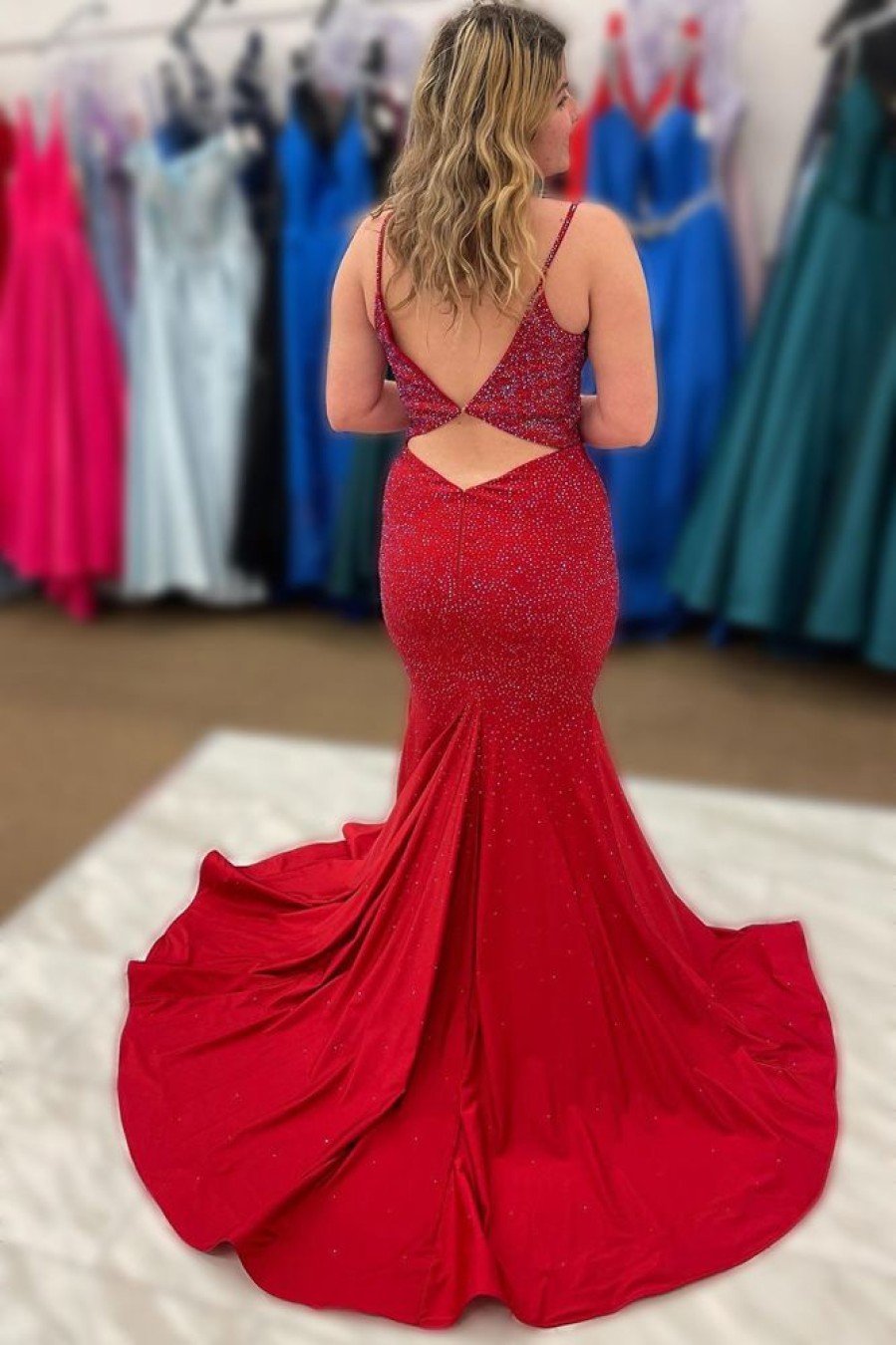 Homrain Spaghetti Straps Mermaid Beading Prom Dress | Red Prom Dresses