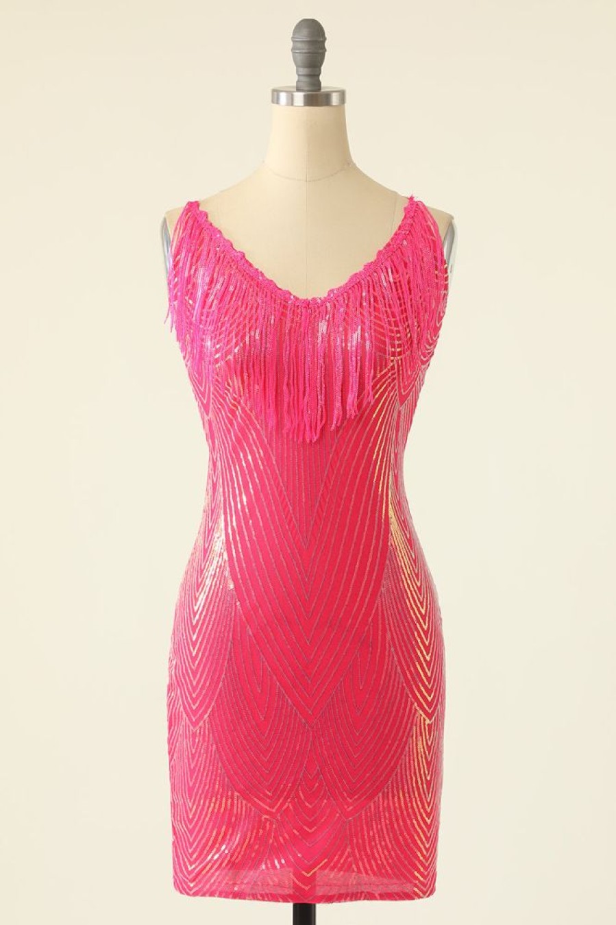 Homrain V-Neck Homecoming Dress With Fringes | Hot Pink Hoco Dresses