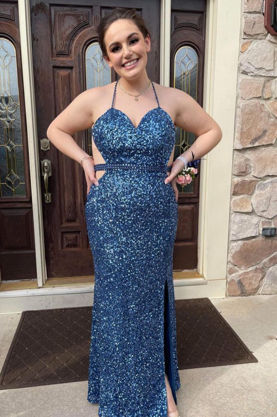 Homrain Plus Size Mermaid Halter Sequins Long Prom Dress | Blue Prom Dresses