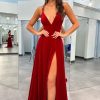 Homrain Sheath V Neck Long Prom Dress With Slit | Red Prom Dresses