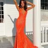 Homrain Sparkly Deep V Neck Sequin Mermaid Prom Dress | Orange Prom Dresses