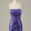 Homrain Sparkly Sequins Spaghetti Straps Tight Short Homecoming Dress | Purple Hoco Dresses