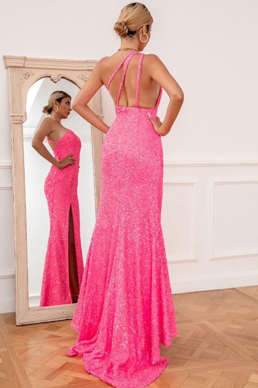 Homrain Mermaid One Shoulder Sequin Prom Dresses | Hot Pink Prom Dresses