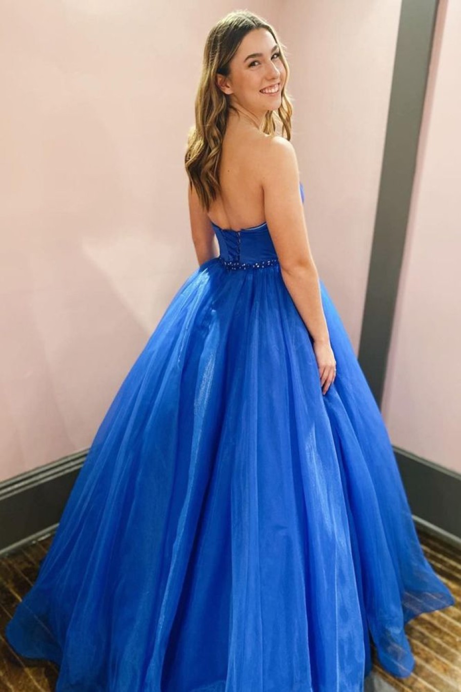 Homrain A Line Sweetheart Long Prom Dress With Beading And Pockets | Blue Prom Dresses