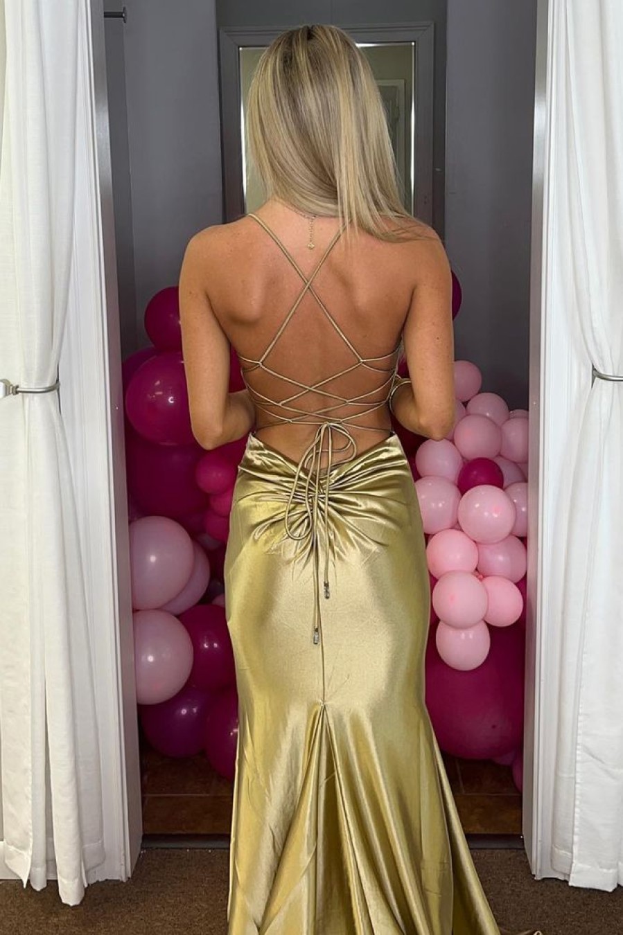 Homrain Glitter Mermaid Backless Long Prom Dress | Gold Prom Dresses