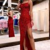 Homrain Sparkly Spaghetti Straps Sequins Long Prom Dress With Fringes | Blue Prom Dresses