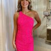 Homrain Sparkly Sequins One Shoulder Sleeveless Tight Short Homecoming Dress | Hot Pink Hoco Dresses