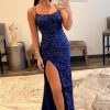 Homrain Sheath Spaghetti Straps Sequins Long Prom Dress With Split Front | Blue Prom Dresses