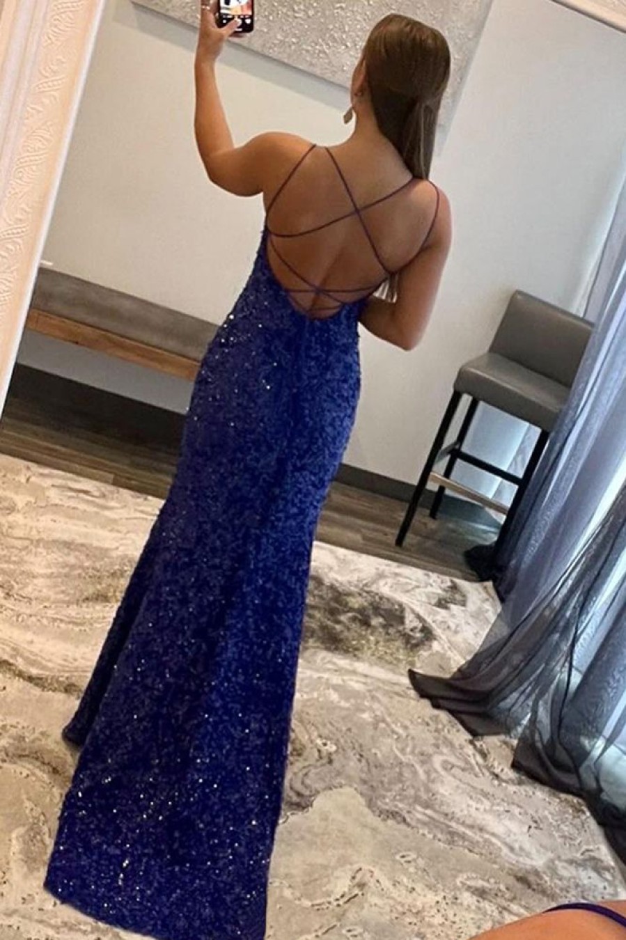 Homrain Sheath Spaghetti Straps Sequins Long Prom Dress With Split Front | Blue Prom Dresses