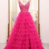 Homrain Sparkly A Line Beaded Appliques Tiered Long Prom Dress With Slit | Hot Pink Prom Dresses