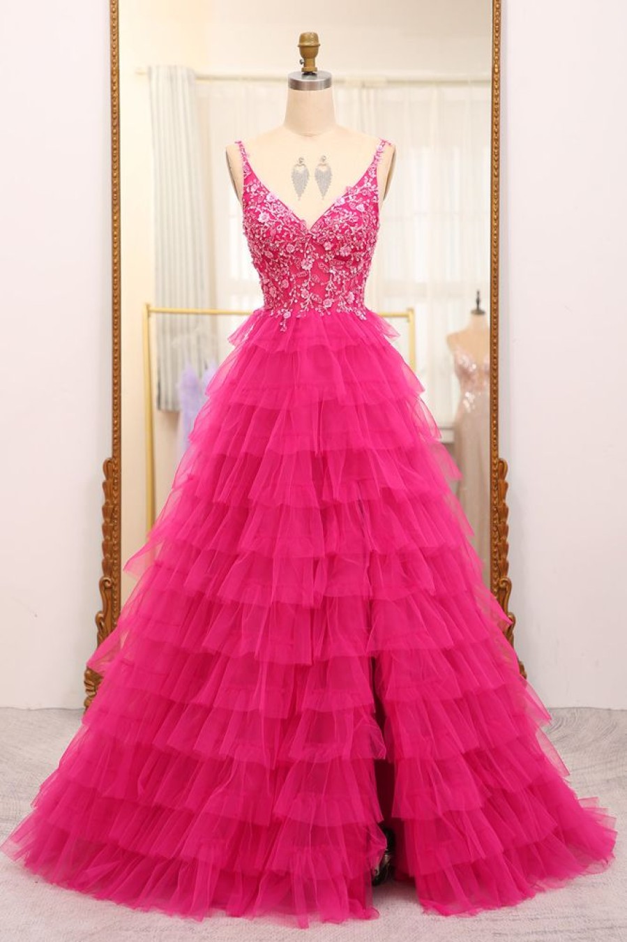 Homrain Sparkly A Line Beaded Appliques Tiered Long Prom Dress With Slit | Hot Pink Prom Dresses