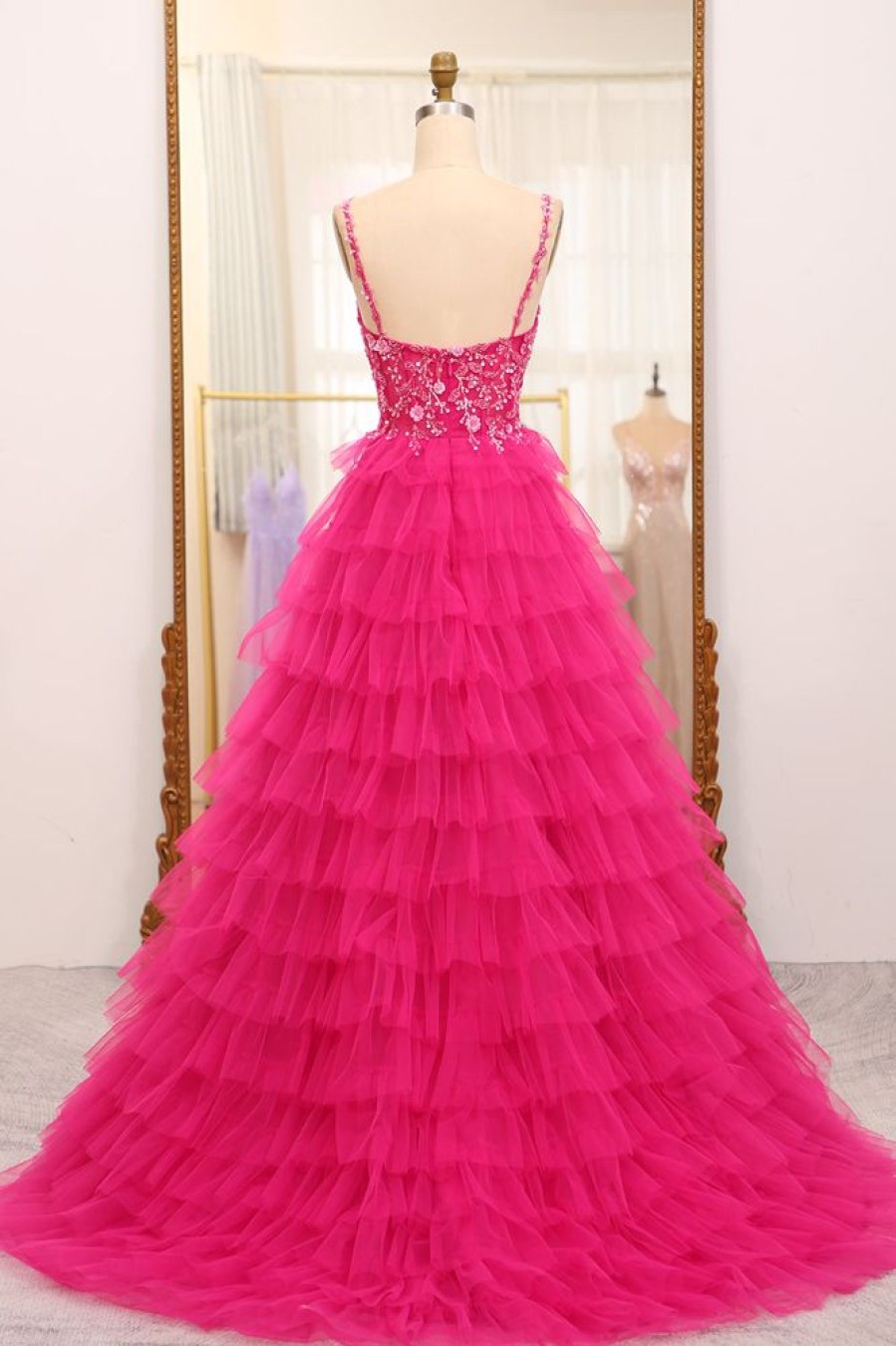 Homrain Sparkly A Line Beaded Appliques Tiered Long Prom Dress With Slit | Hot Pink Prom Dresses