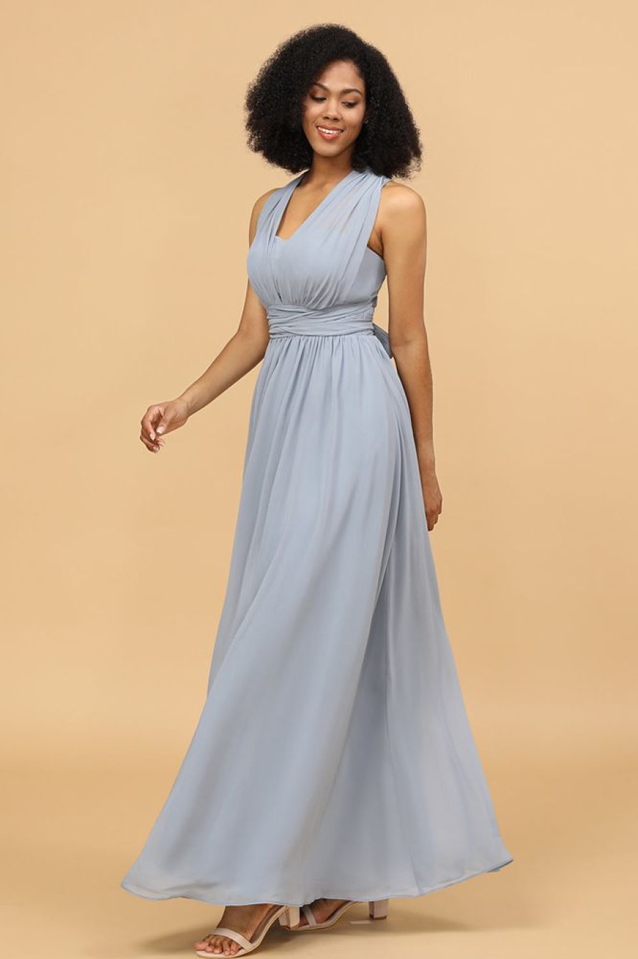 Homrain Grey Blue Convertible Long Chiffon Bridesmaid Dress | Dusty Blue Bridesmaid Dress