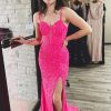 Homrain Sparkly Corset Sequins Long Mermaid Prom Dress With Slit | Hot Pink Prom Dresses