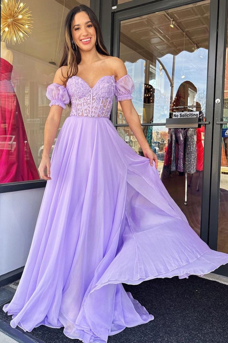 Homrain Corset A-Line Sweetheart Long Chiffon Prom Dress With Slit | Purple Prom Dresses