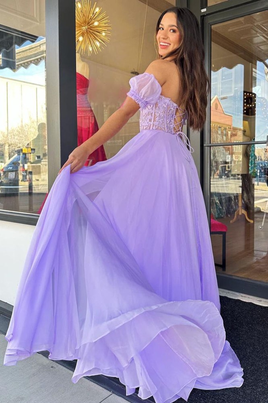 Homrain Corset A-Line Sweetheart Long Chiffon Prom Dress With Slit | Purple Prom Dresses