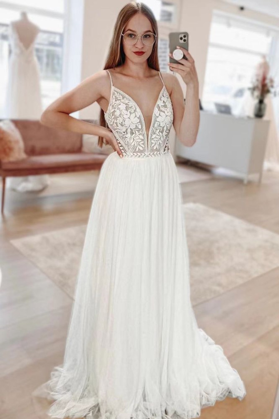 Homrain Simple A-Line Boho Long Chiffon Wedding Dress With Lace | Simple Wedding Dresses