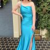 Homrain Sheath One Shoulder Long Prom Dress With Split Front | Blue Prom Dresses