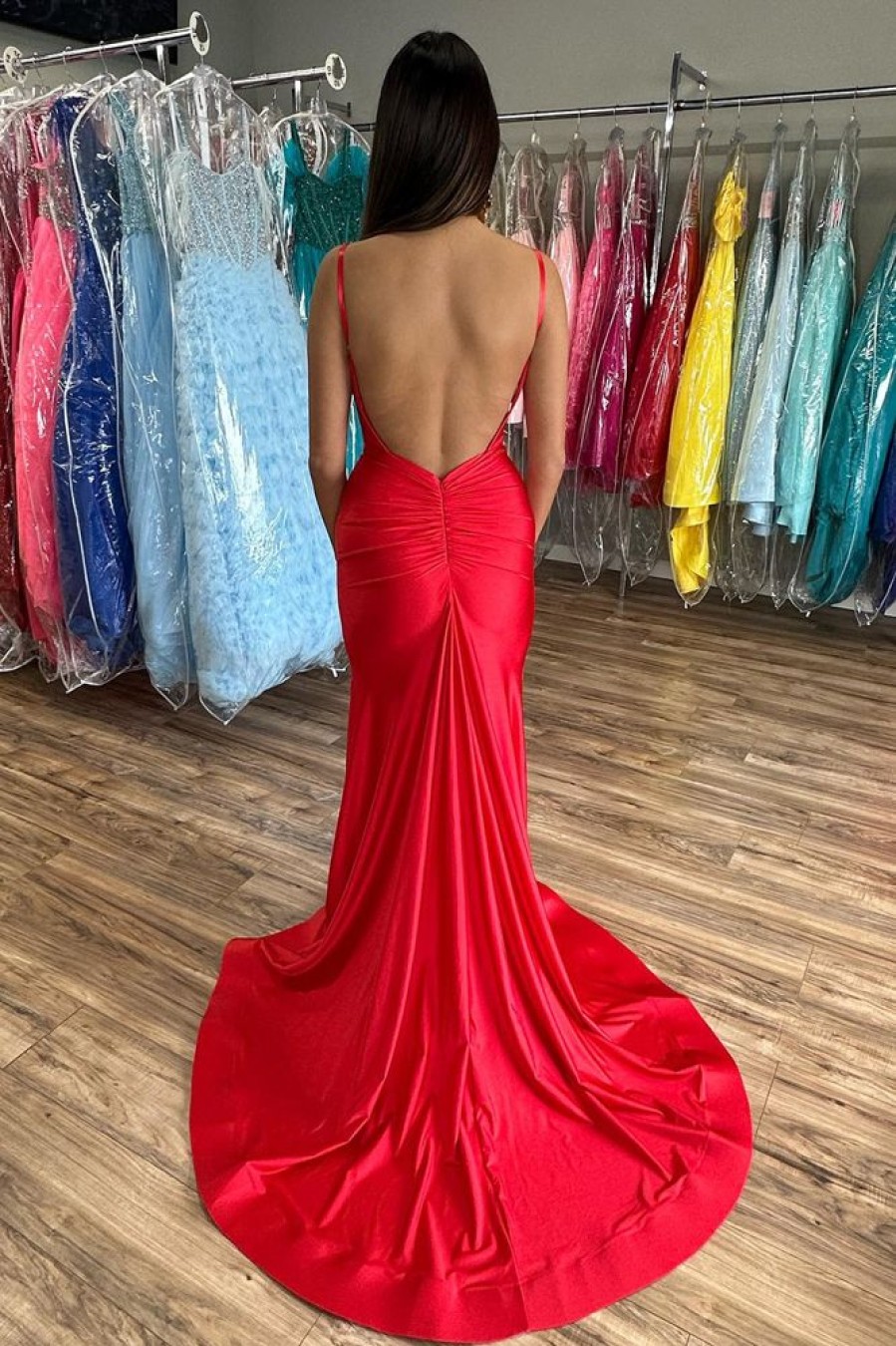 Homrain Mermaid Backless Long Prom Dress With Slit | Red Prom Dresses