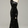 Homrain Sparkly Sequined One Shoulder Long Prom Dress With Stars | Black Prom Dresses