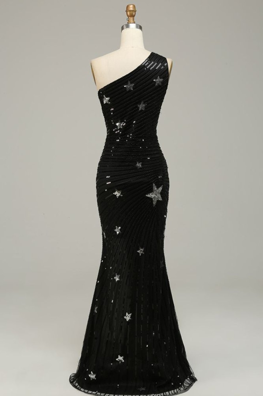 Homrain Sparkly Sequined One Shoulder Long Prom Dress With Stars | Black Prom Dresses