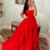 Homrain Glitter Strapless Tulle Long Tie Prom Dress With Slit | Red Prom Dresses